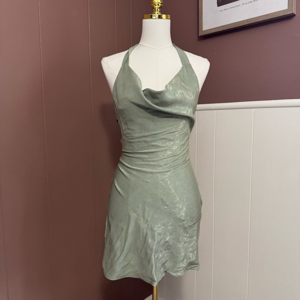 Zara Metallic Drape Halter Cowl Neck Mini Dress